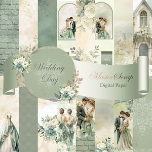 Papéis de Scrapbook Digitais Imprimíveis. Dia do Casamento. Estilo Romântico, Papel de Scrapbook 12x12 com Elementos de Casamento. Criação de Cartões. Papéis Estampados