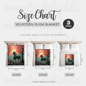 May include: Size chart for a plush velvet blanket with a unicorn design. The chart shows three sizes: 60x80 inches, 50x60 inches, and 30x40 inches. A standard queen size bed is shown for reference.