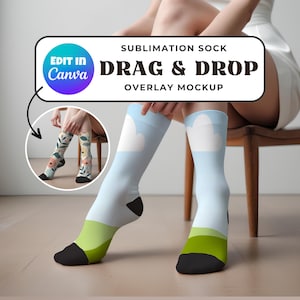 Cushioned Crew Sock Mockup, Sublimation All Over Print AOP Sock Mock, 3/4 Mid Length, Canva Drag & Drop Overlay, Aesthetic Realistic POD image 1