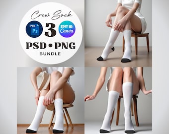 May include: Three images of a person wearing white crew socks with black trim. The person is sitting on a wooden chair. The images are for a digital download of PSD and PNG files. The text "Crew Sock 3 PSD.PNG Bundle" is on the top image.