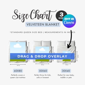 ブランケット モックアップ サイズ ガイド、ドラッグ アンド ドロップ Canva オーバーレイ PNG、ベルベット スロー ブランケット測定チャート、サイズ比較 30x40 50x60 60x80