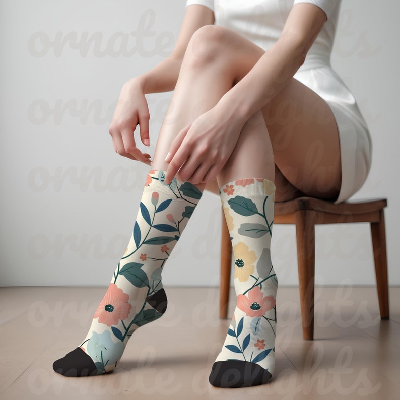 Cushioned Crew Sock Mockup, Sublimation All Over Print AOP Sock Mock, 3/4 Mid Length, Canva Drag & Drop Overlay, Aesthetic Realistic POD image 4