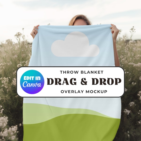 Woman Holding Blanket Mockup, Drag & Drop Canva Overlay, Minky Velveteen Plush, Outside Nature Setting, Print on Demand AOP, Realistic Image