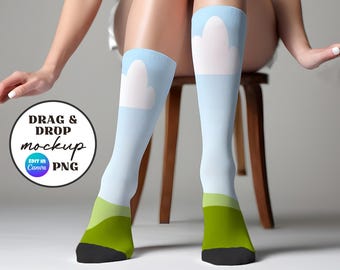 Cushioned Crew Sock Mockup, Sublimation All Over Print AOP Sock Mock, 3/4 Mid Length, Canva Drag & Drop Overlay, Aesthetic Realistic POD