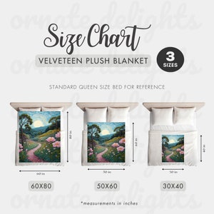 May include: Size chart for a plush velvet blanket showing three different sizes: 60x80 inches, 50x60 inches, and 30x40 inches. The chart includes a standard queen size bed for reference.