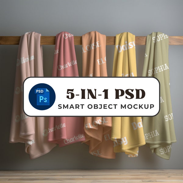 5in1 hängende Decke Mockup, PSD Photoshop Smart Objekt, Meilenstein Name Baby Decke Mock, Minky Samtwurf, realistisch AOP Sherpa POD