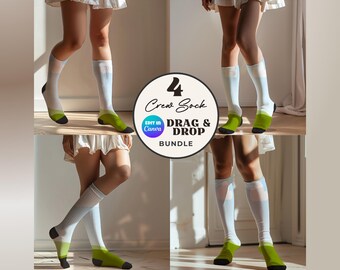 Crew Sock Mockup Bundle, Canva Drag & Drop Overlay, Sublimation All Over Print AOP Sock Mock, Cushioned Mid Length, Aesthetic Realistic POD