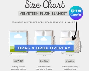 Blanket Mockup Size Guide, Drag and Drop Canva Overlay PNG, Velveteen Throw Blanket Measurement Chart, Sizing Comparison 30x40 50x60 60x80