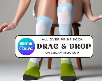 AOP Crew Sock Mockup, Sublimation All Over Print Cushioned Sock Mock, Mid Length Black Soles, Canva Drag & Drop Overlay PNG, Realistic POD