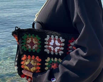 Black Knitted Colorful Flower Patterned Shoulder Bag