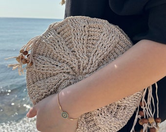 Round Beige Straw Beach Bag