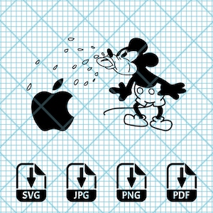 Op de afbeelding: Zwart-witte illustratie van Mickey Mouse die een Apple-logo blaast. Het Apple-logo is gedeeltelijk bedekt door een wolk lucht. Mickey Mouse draagt een rode broek en witte handschoenen. De afbeelding is op een geruit achtergrond.