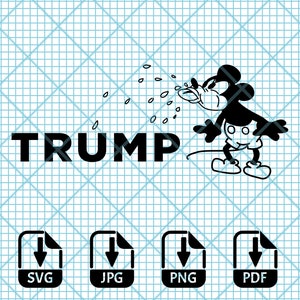 May include: Black and white illustration of a cartoon mouse character sneezing with the word "TRUMP" below. The mouse is wearing a red and white hat and shorts. The image is available in SVG, JPG, PNG, and PDF formats.