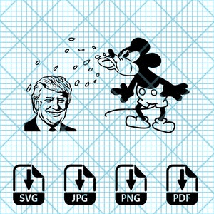 May include: Black and white illustration of Mickey Mouse with a surprised expression, pointing at a black and white illustration of Donald Trump with tears coming from his eyes. The text "You're Fired!" is written above Donald Trump's head.