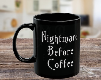 Pesadilla antes del café (murciélagos) / Taza de cerámica negra (11 oz) / Taza de café / Taza de amantes del café / Taza divertida / Regalo de café / Taza de Halloween