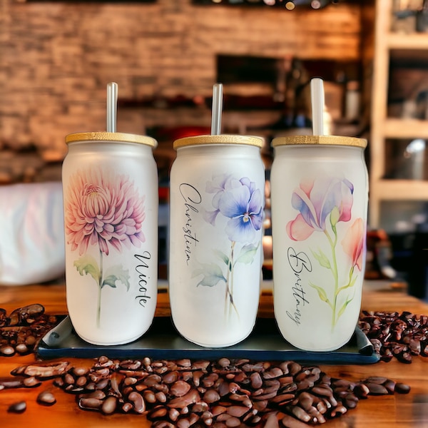 Personalized Birth Flower Coffee Cup With Name ,Personalized Birth Flower Tumbler, Gifts for Her, Glass Mugs, Glass Cup Bridesmaid Proposal