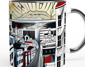 Capetown Abstract Design White 11oz Ceramic Mug with Black Colour Inside