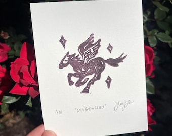 Hand-Printed Pegasus Lino Print, Mini Fantasy Artwork