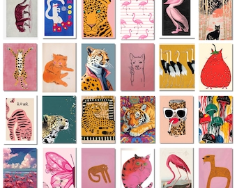 31 láminas de arte mural de animales eclécticos, pósteres de animales coloridos y adorables, decoración moderna para habitaciones infantiles, arte imprimible maximalista, descarga digital