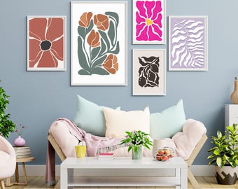 Conjunto de 34 láminas florales de estilo moderno de mediados de siglo para pared, láminas florales abstractas, colección de pósteres botánicos retro, descarga digital.