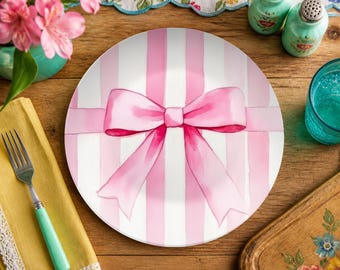 Pink Bow Breakfast Plate, Striped Design Plate, Pretty Dinnerware, 10" Decorative Plate (Made in US)