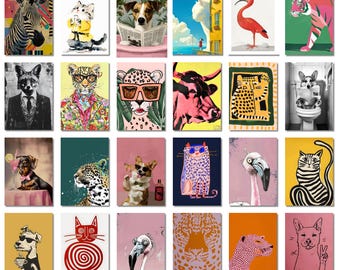 Juego de 32 láminas decorativas de animales con diseños eclécticos, pósteres coloridos de animales adorables, decoración moderna para habitaciones infantiles, láminas imprimibles para guardería, descarga digital.