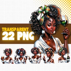 22 PNG Afro Girl Black Woman Clipart Bundle with Curly Hair & Headscarf Fashion Holding Drink Beautiful Afro Girl Graphics