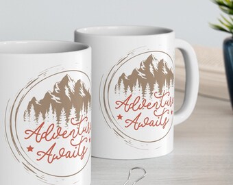 Adventure Awaits Ceramic Mug Adventurer Graphic Mountain Hiking Theme Journey Discover for Nomad Expedition Cup for Wander Globetrotter Gift