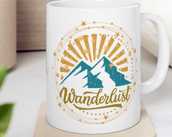 Wanderlust Ceramic Mug for Explorer Wanderer Graphic Present Idea for Adventurous Traveler Explore Camping Gift Dad Family Trip Group Teacup