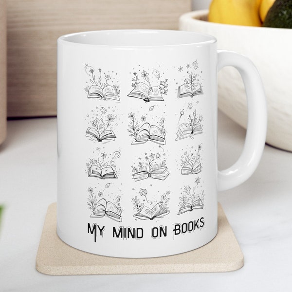My Mind on Books Mug Cottagecore Book Art Literary Flower Blooming Teacup w Floral Books Cup Reader Best Gift for Writer Librarian Present