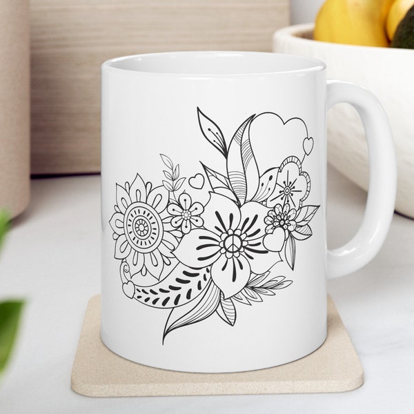 Love Flowers Coffee Mug Hidden Peace Sign Retro Chic Vintage Vibe Mom Gift for Office Worker Boss Floral Present for Summer Vibe Birthday