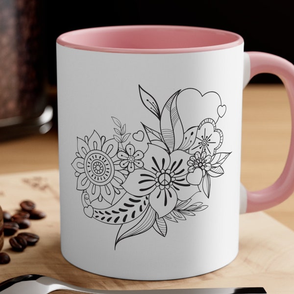 Love Flowers Coffee Mug Hidden Peace Sign Retro Chic Vintage Vibe Mom Gift for Office Worker Cute Floral Present for Summer Vibe Birthday