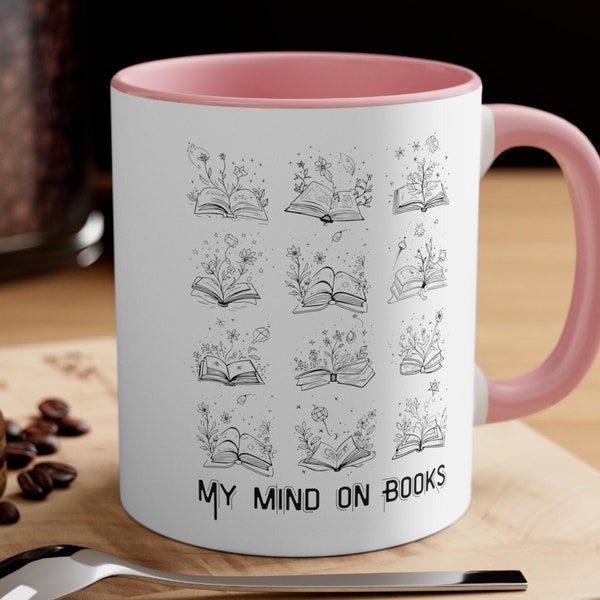 My Mind on Books Pink Coffee Mug Cottagecore Flower Blooming Teacup Floral Books Cup Best Daisy Gift for Writer Thank You Librarian Present
