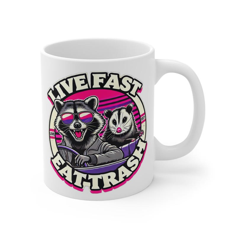 Funny Woodland Animals Live Fast Eat Trash Coffee Mug, Raccoon Possum