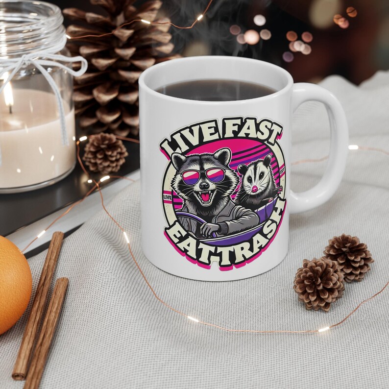 Funny Woodland Animals Live Fast Eat Trash Coffee Mug, Raccoon Possum