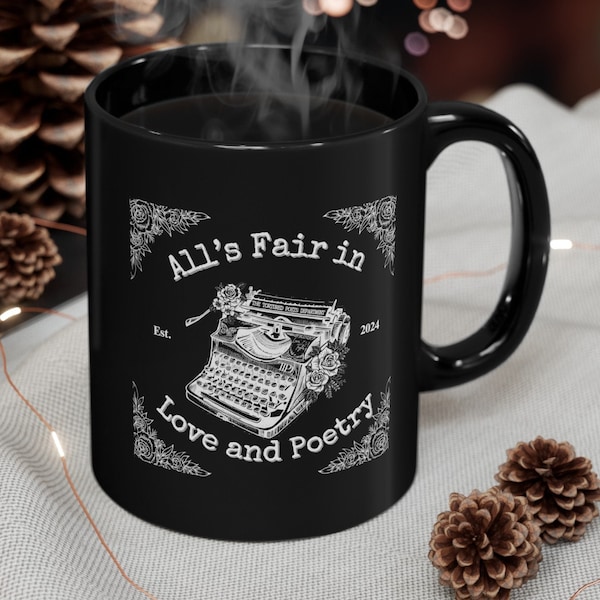 Taylor Swift-inspired 'All's Fair in Love and Poetry' Black Mug Cute Vintage Typewriter Teacup Quote Gift for Swiftie Present TTPD Song Cup