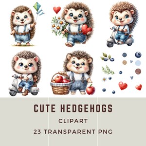 May include: A set of 23 digital clipart images featuring cute cartoon hedgehogs in various poses. The hedgehogs are wearing overalls and are holding items such as a basket of apples, a heart, a scooter, and a kite. The clipart images are perfect for adding a touch of whimsy to your projects.