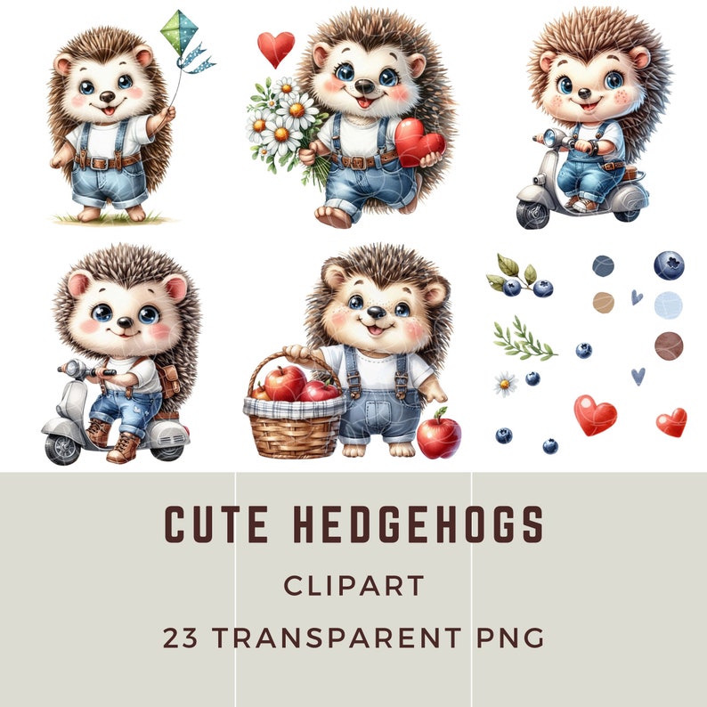 May include: A set of 23 digital clipart images featuring cute cartoon hedgehogs in various poses. The hedgehogs are wearing overalls and are holding items such as a basket of apples, a heart, a scooter, and a kite. The clipart images are perfect for adding a touch of whimsy to your projects.