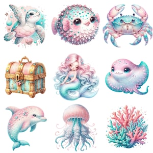 以下が含まれることがあります： 様々な海の生き物を描いたデジタルイラスト9点セット。亀、フグ、カニ、人魚、エイ、イルカ、クラゲ、サンゴなど。イラストは明るい色と幻想的なディテールで、漫画のようなスタイルで描かれています。
