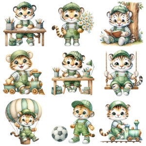 May include: Ten illustrations of a cute cartoon tiger cub wearing a green and white baseball cap and overalls. The tiger cub is shown in different activities, including reading a book, playing with a toy train, riding a swing, and holding a bouquet of flowers.