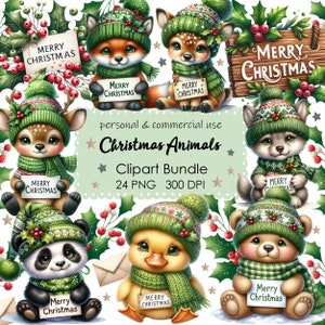 Aquarelle animaux de Noël Clipart - mignon hiver nounours renard cerf girafe Panda PNG - utilisation commerciale en téléchargement numérique - Art imprimable