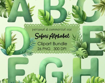 Watercolor Safari Alphabet Clipart: Jungle Nursery Letters (PNG Digital Download)
