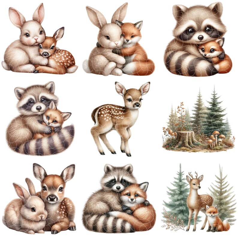May include: A set of nine digital illustrations featuring various animal pairs, including a rabbit and a deer, a raccoon and a fox, and a deer and a fox. The illustrations are set against a white background.