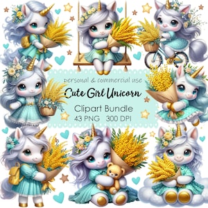 Magical Unicorn Flowers Clipart Bundle - Instant Download, 43 PNG Files, Instant Digital Download