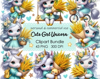 Magical Unicorn Flowers Clipart Bundle: 43 PNG Files (Instant Download)