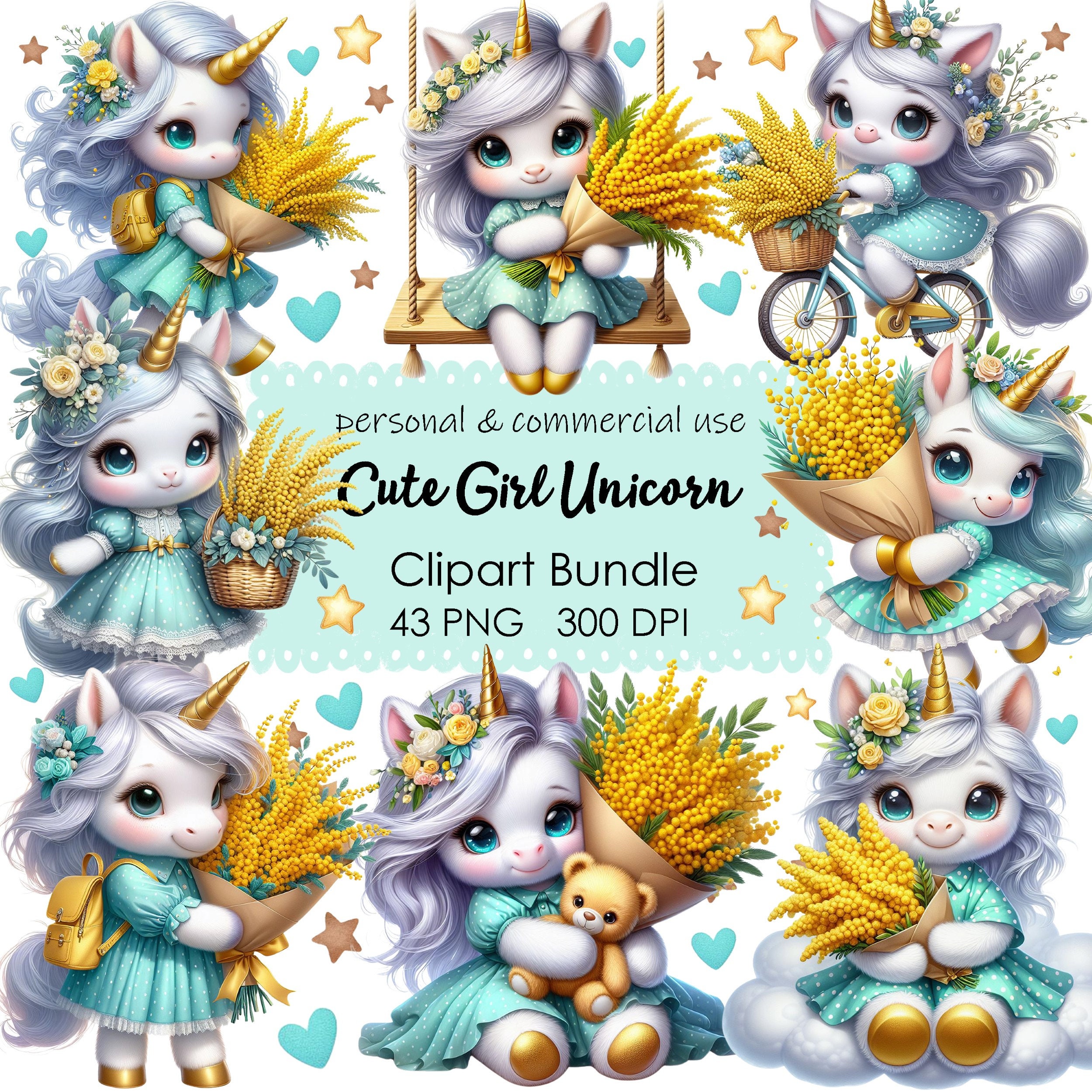 Magical Unicorn Flowers Clipart Bundle: 43 PNG Files (instant Download ...