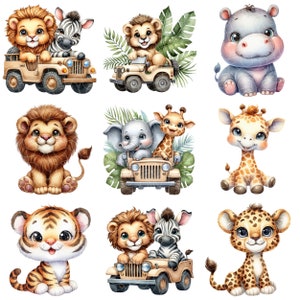 以下が含まれることがあります： ライオン、シマウマ、カバ、ゾウ、キリン、トラ、ヒョウなど、9匹のかわいい漫画の動物のイラストのセットです。それぞれの動物は、かわいらしく遊び心のあるスタイルで描かれており、一部はオモチャのジープに乗っています。イラストは、子供向けの本、衣料品、その他の創造的なプロジェクトに最適です。