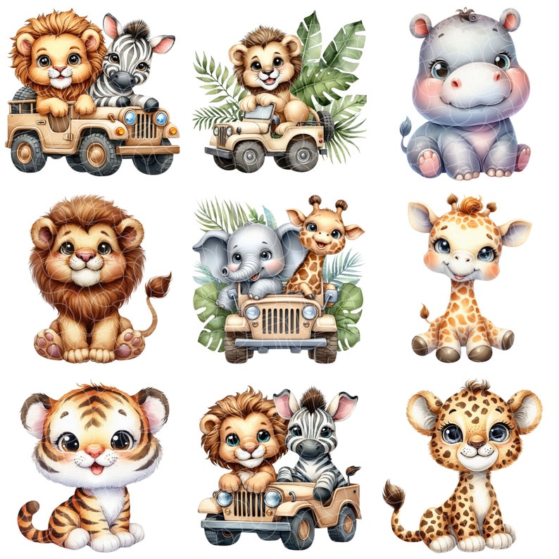 以下が含まれることがあります： ライオン、シマウマ、カバ、ゾウ、キリン、トラ、ヒョウなど、9匹のかわいい漫画の動物のイラストのセットです。それぞれの動物は、かわいらしく遊び心のあるスタイルで描かれており、一部はオモチャのジープに乗っています。イラストは、子供向けの本、衣料品、その他の創造的なプロジェクトに最適です。