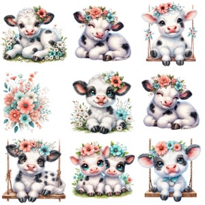May include: Nine digital illustrations of cute black and white calves with floral headbands. Some calves are sitting, some are standing, and one is on a swing. The flowers are pink, white, and blue.