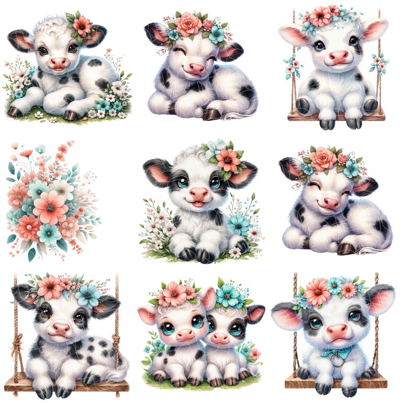 May include: Nine digital illustrations of cute black and white calves with floral headbands. Some calves are sitting, some are standing, and one is on a swing. The flowers are pink, white, and blue.
